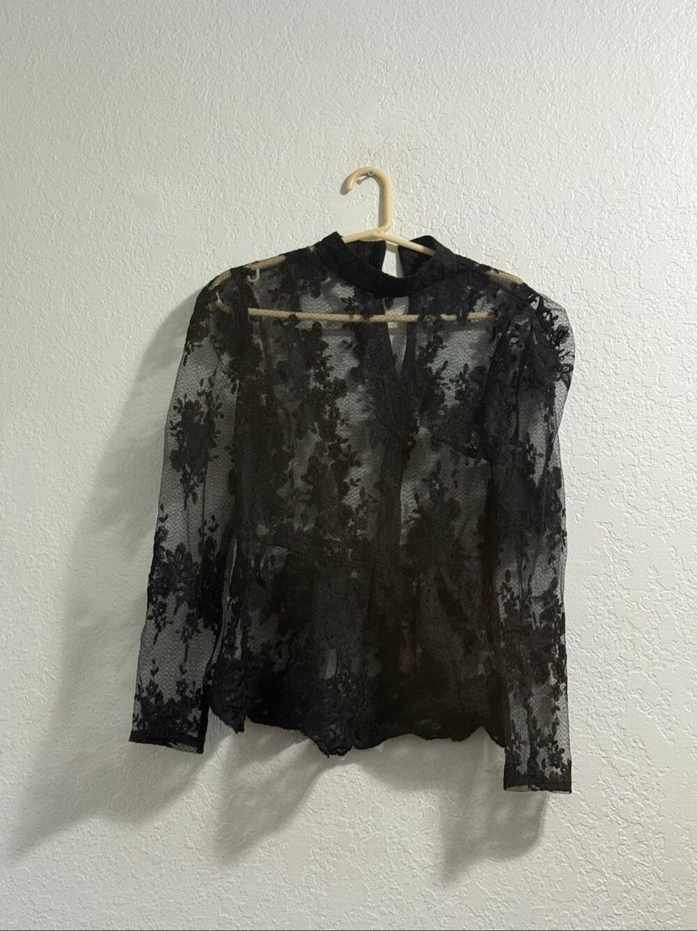 Eilly bazar  Black Floral Lace Sheer Long Sleeve Peplum  shirt Romantic L